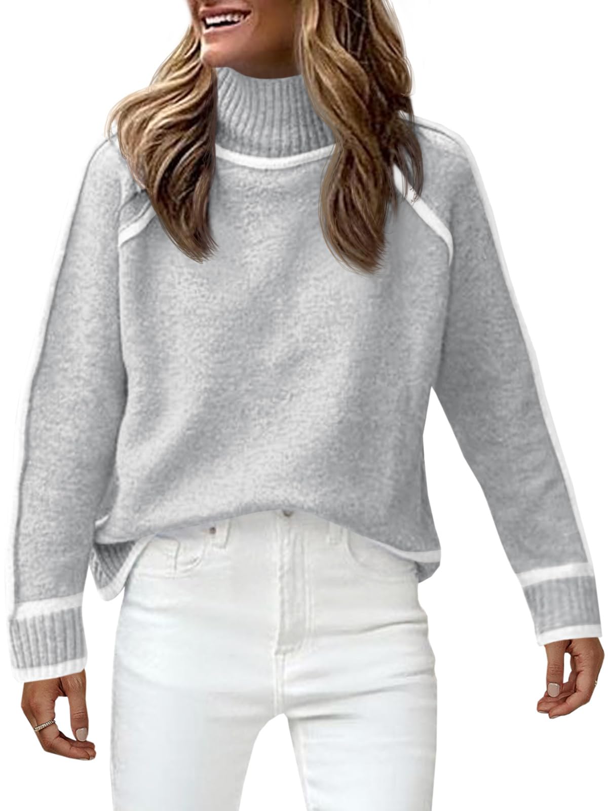 Saodimallsu Womens Turtle Mock Neck Pullover Sweater Color Block 2024 Fall Trendy Casual Knit Loose Long Sleeve Sweaters