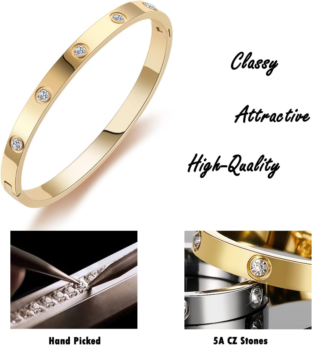 Gold Bracelets for Women 14K Gold Plated Friendship Love Bangle Bracelets Cubic Zirconia Stainless Steel Bracelet Jewelry Valentines Birthday Christmas Gifts for Women