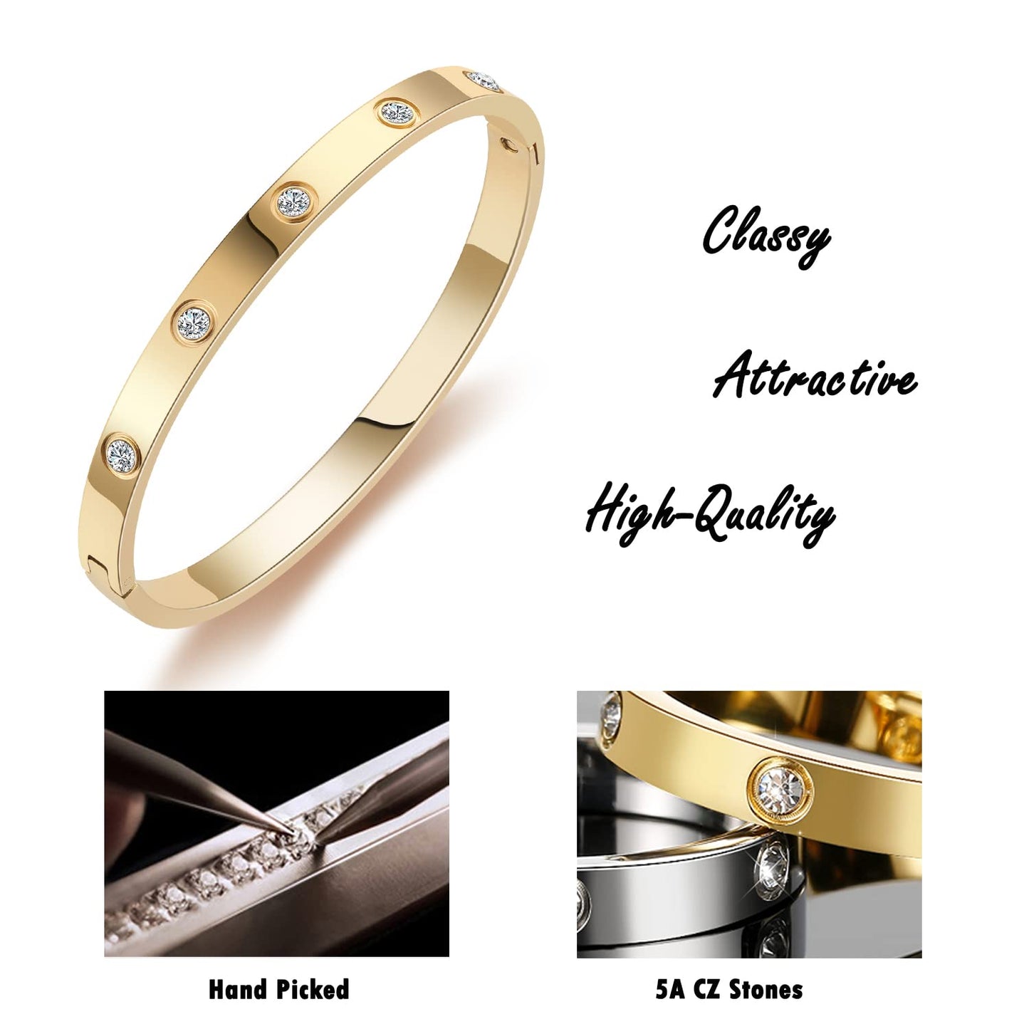 Gold Bracelets for Women 14K Gold Plated Friendship Love Bangle Bracelets Cubic Zirconia Stainless Steel Bracelet Jewelry Valentines Birthday Christmas Gifts for Women