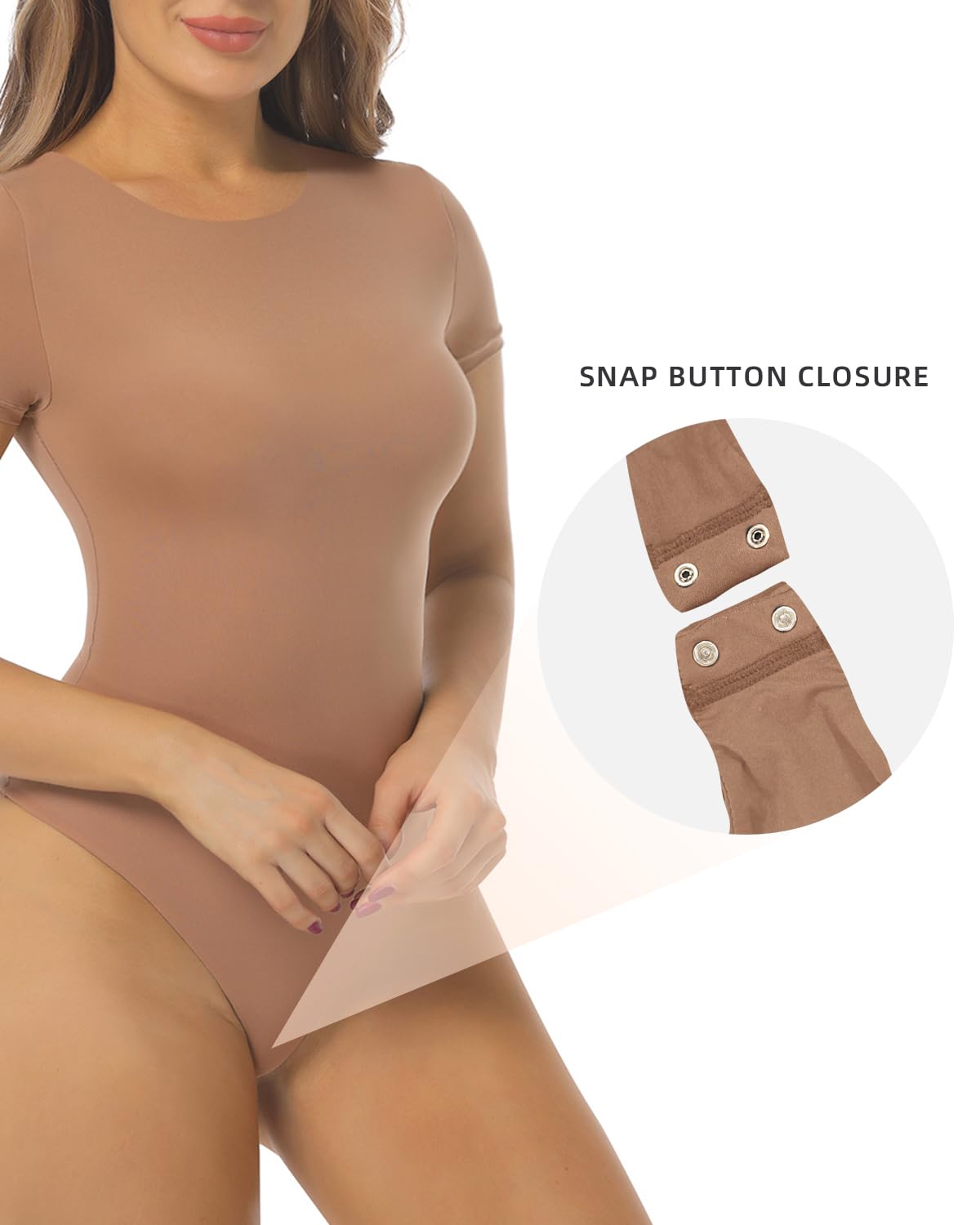 SHAPERX Women's Fit Everybody Bodysuit Soft Crew Neck T-shirt Body Suits with Thong Design