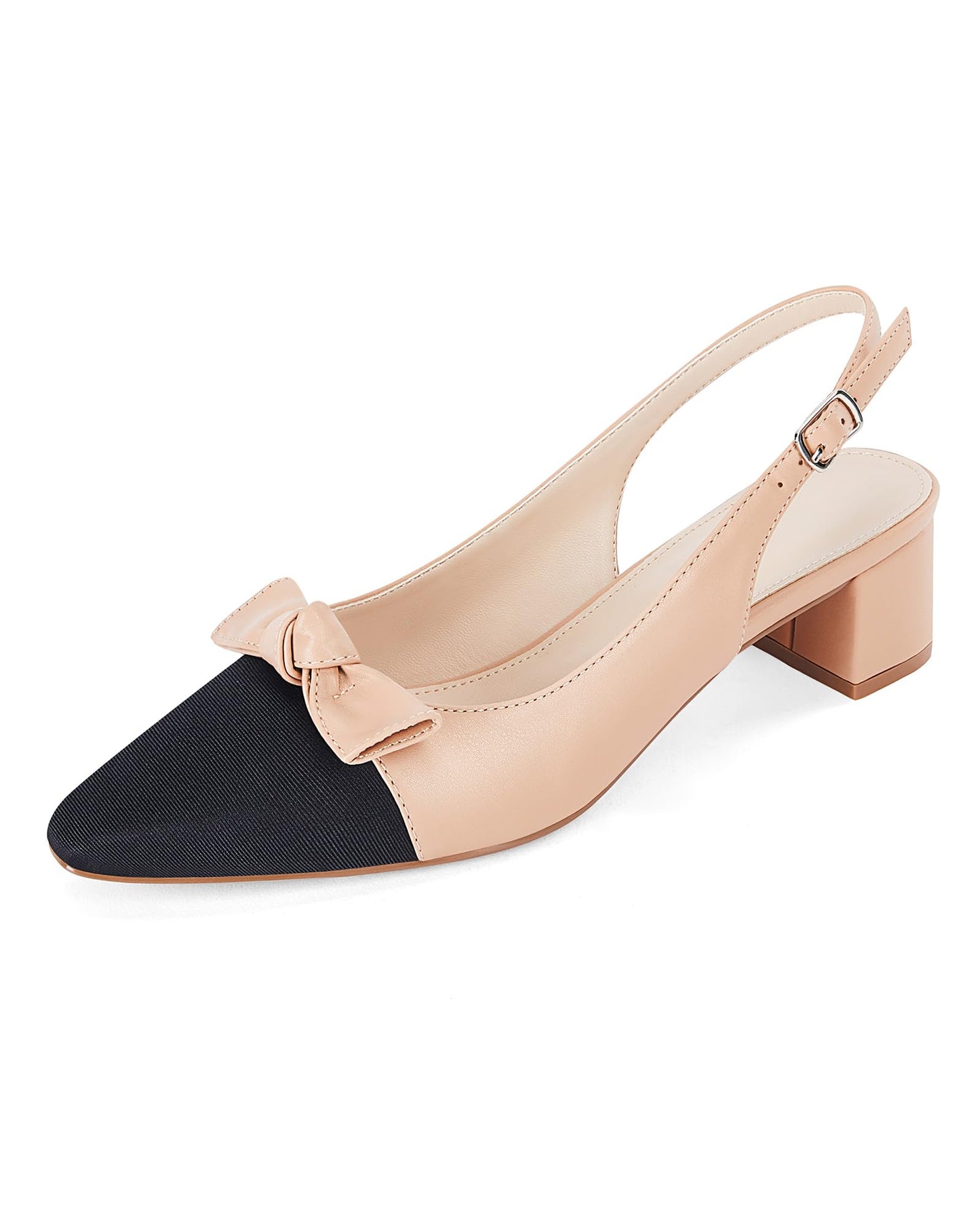 Coutgo Womens Chunky Slingback Bow Heels Low Heel Dress Shoes Pointed Toe Sexy Splicing Casual Wedding Pumps