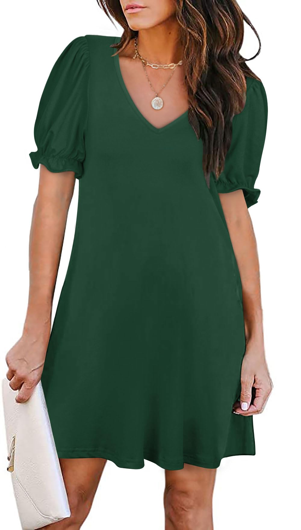 Women's Casual Dresses Puff Short Sleeve V-Neck Cocktail Dress with Pockets