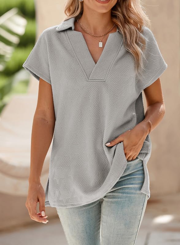 SHEWIN Women's Polo Shirts Casual Collared Short Sleeve Shirt Loose V Neck Tunic Tops
