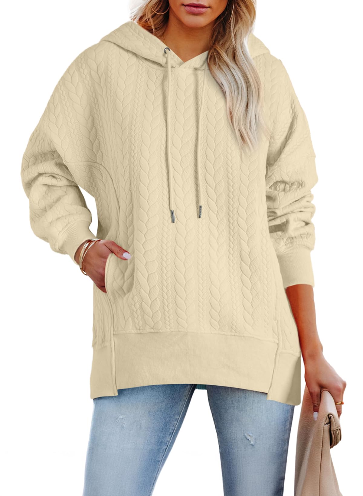 AlvaQ Womens Oversized Hoodies Fall Winter Casual Quilted Long Sleeve Drawstring Hooded Pocketed Sweatshirts Pullover Top