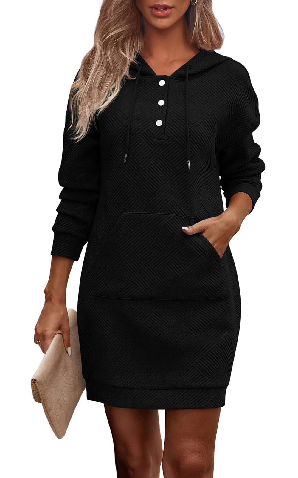 PRETTYGARDEN Long Sleeve Hoodies Dress 2024 Fall Trendy Texture Sweatshirts Outfits Button Hooded Dresses With Pockets