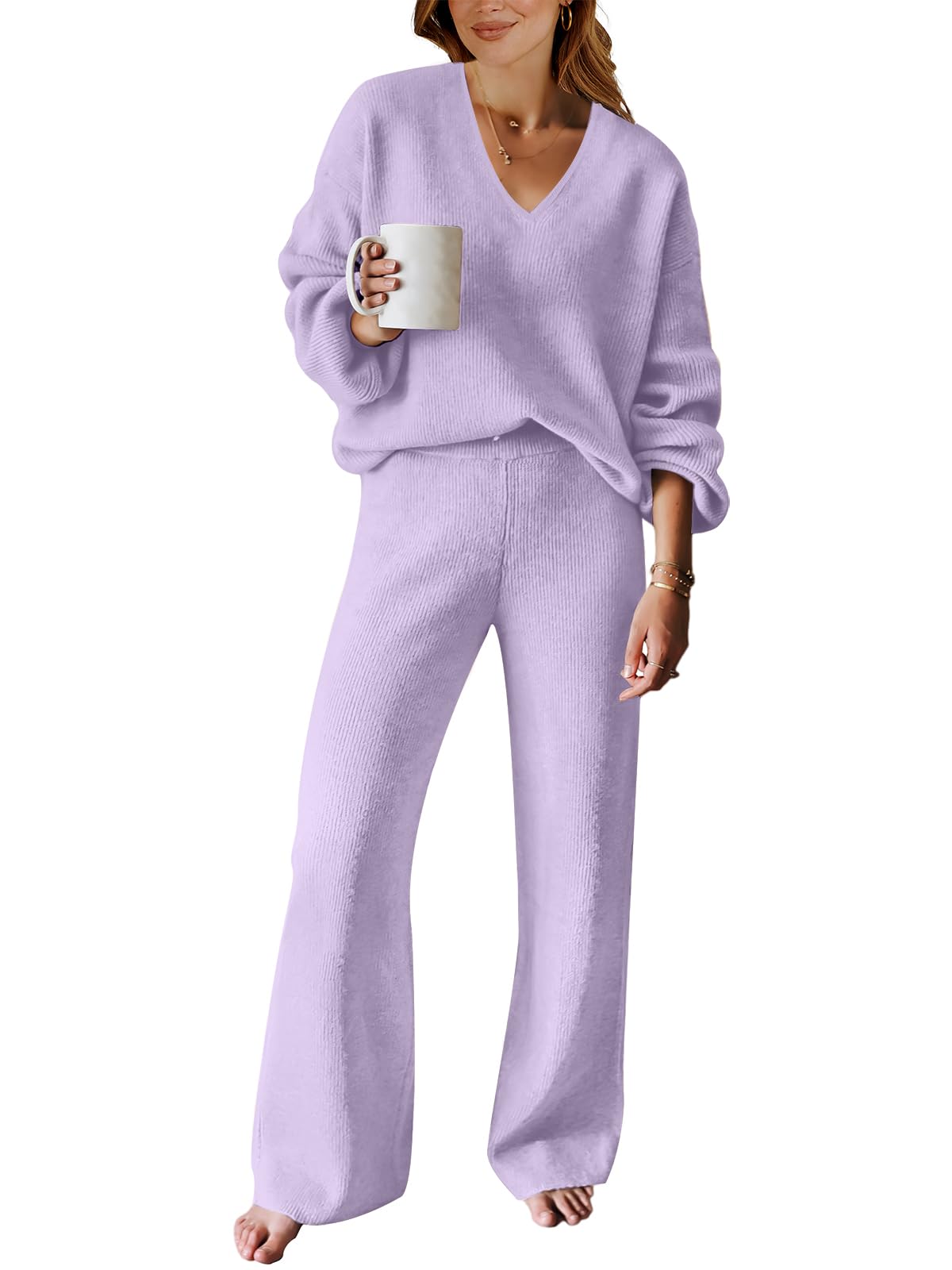 ANRABESS Women 2 Piece Outfits Sweater Lounge Sets Long Sleeve Cable Knit Pullover and Wide Leg Pants Tracksuit Matching Set