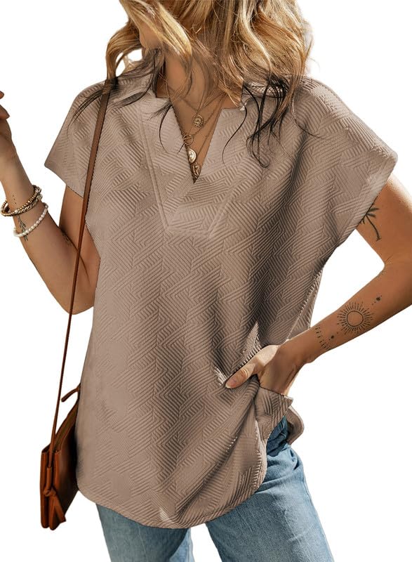 SHEWIN Women's Polo Shirts Casual Collared Short Sleeve Shirt Loose V Neck Tunic Tops