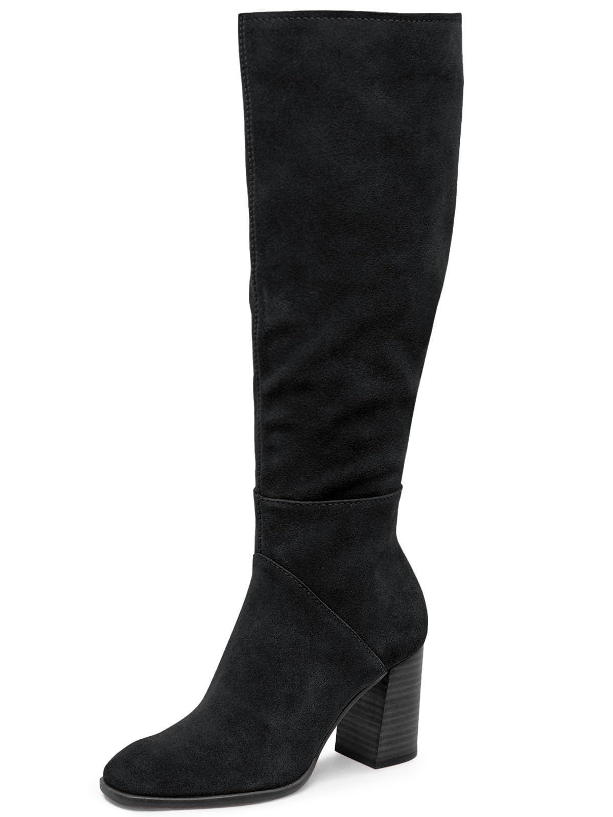 Coutgo Womens Knee High Boots Square Toe Chunky Block Heel Side Zipper Faux Suede Long Boots Fall Winter Shoes