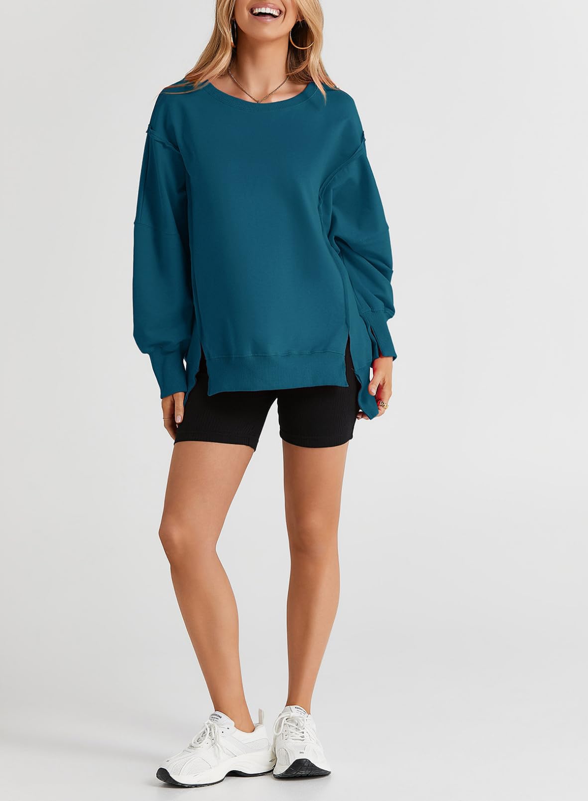 SHEWIN Womens Oversized Reverse Seam Sweatshirt Casual Long Sleeve Crewneck Lightweight Pullover Tops Loose Sweatshirts