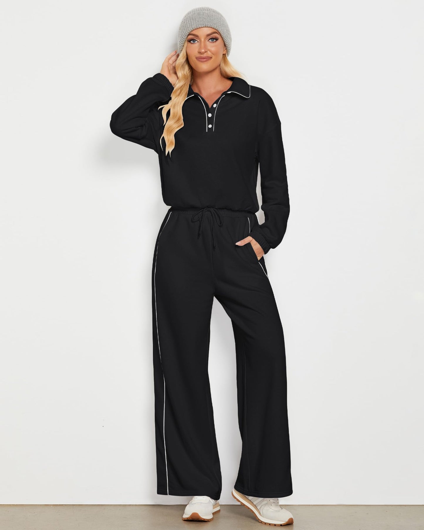 GRAPENT Sweatsuits Two Piece Sets for Women High Wasited Wide Leg Pants Fleece Button Pullover Sweatshirt Lounge Outfits