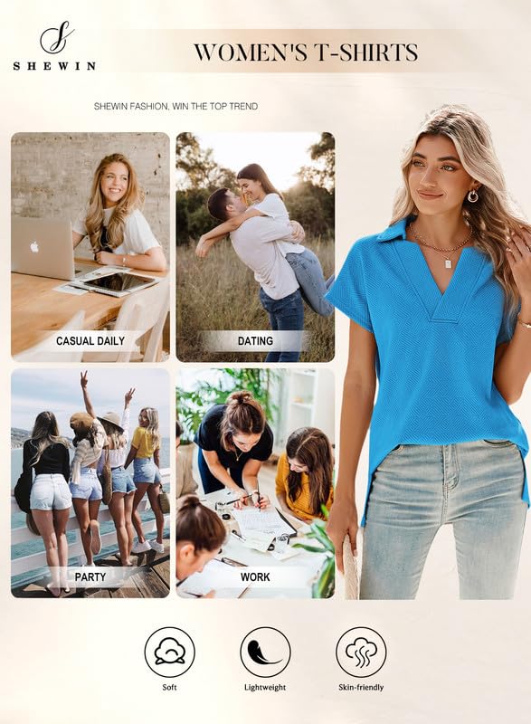 SHEWIN Women's Polo Shirts Casual Collared Short Sleeve Shirt Loose V Neck Tunic Tops