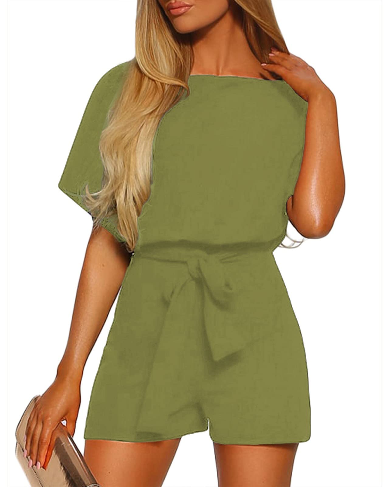 Vetinee Womens Summer Belted Romper Keyhole Back Short Sleeve Jumpsuit Playsuit