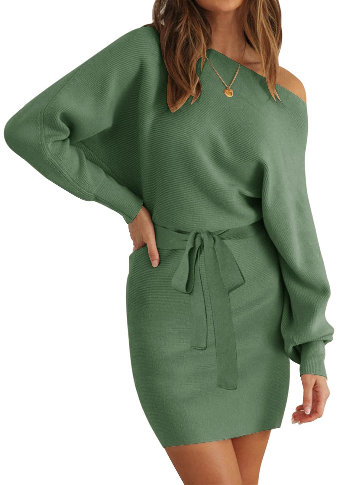 MEROKEETY Women's Off Shoulder Batwing Sleeve Sweater Dress Ribbed Knit Bodycon Mini Dresses with Belt