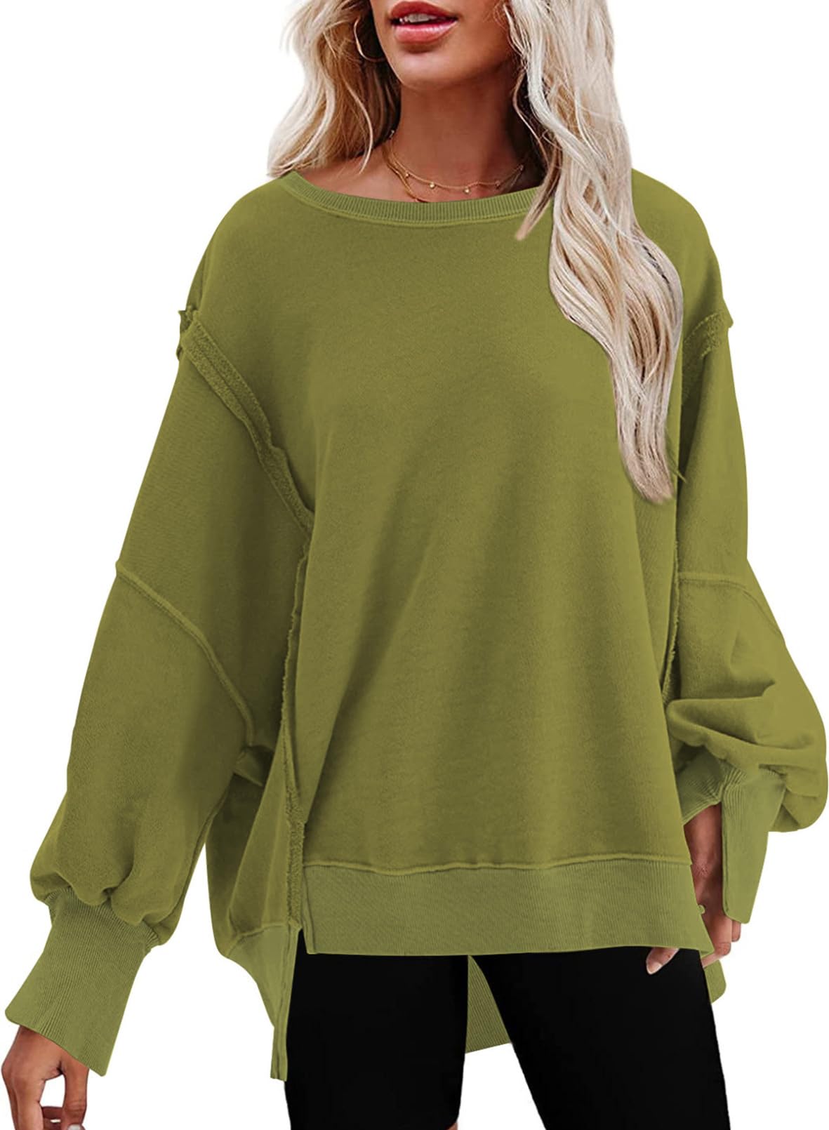 SHEWIN Womens Oversized Reverse Seam Sweatshirt Casual Long Sleeve Crewneck Lightweight Pullover Tops Loose Sweatshirts