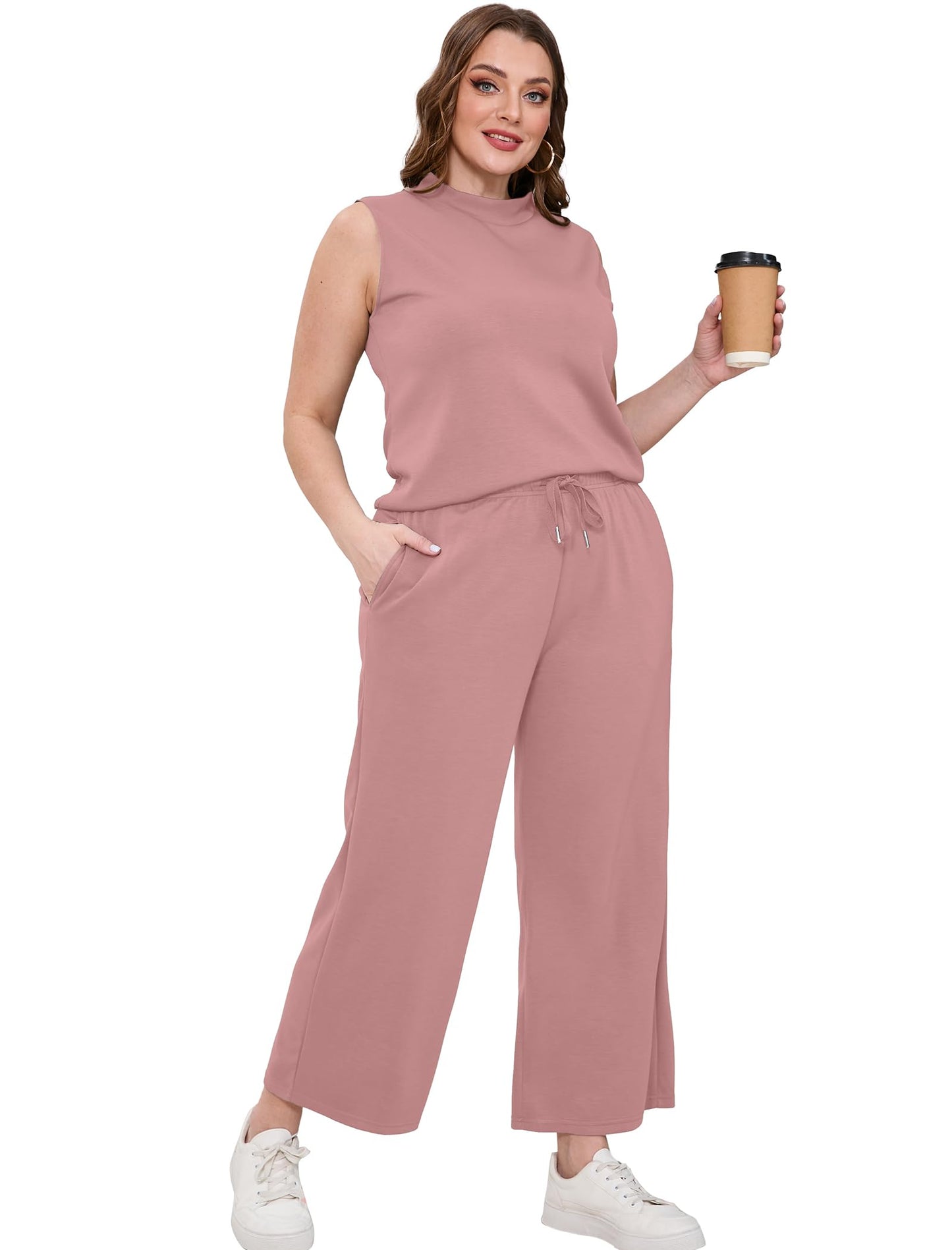 SAMPEEL Matching Sets Women Clothing 2 Piece Sets Summer Casual Mock Neck Lounge Sets Sleeveless Wide Leg Pants Vacation Outfits Sweat Set Pink M