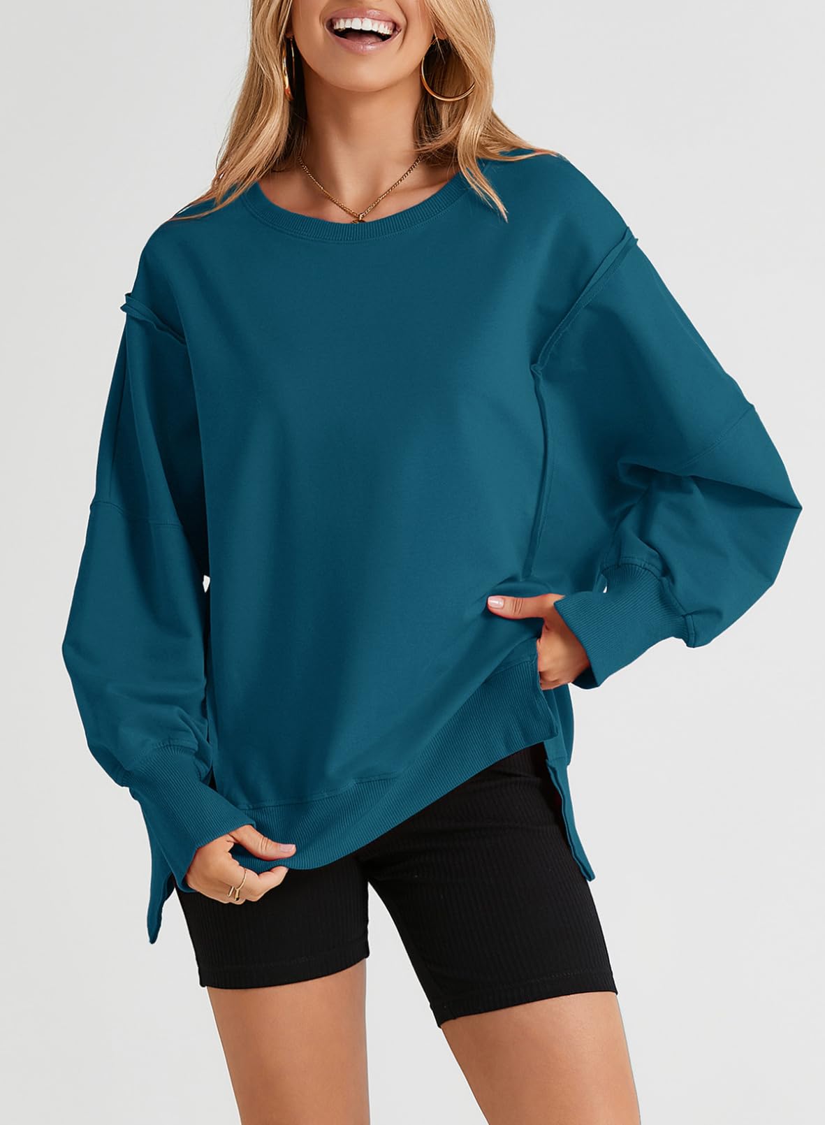 SHEWIN Womens Oversized Reverse Seam Sweatshirt Casual Long Sleeve Crewneck Lightweight Pullover Tops Loose Sweatshirts