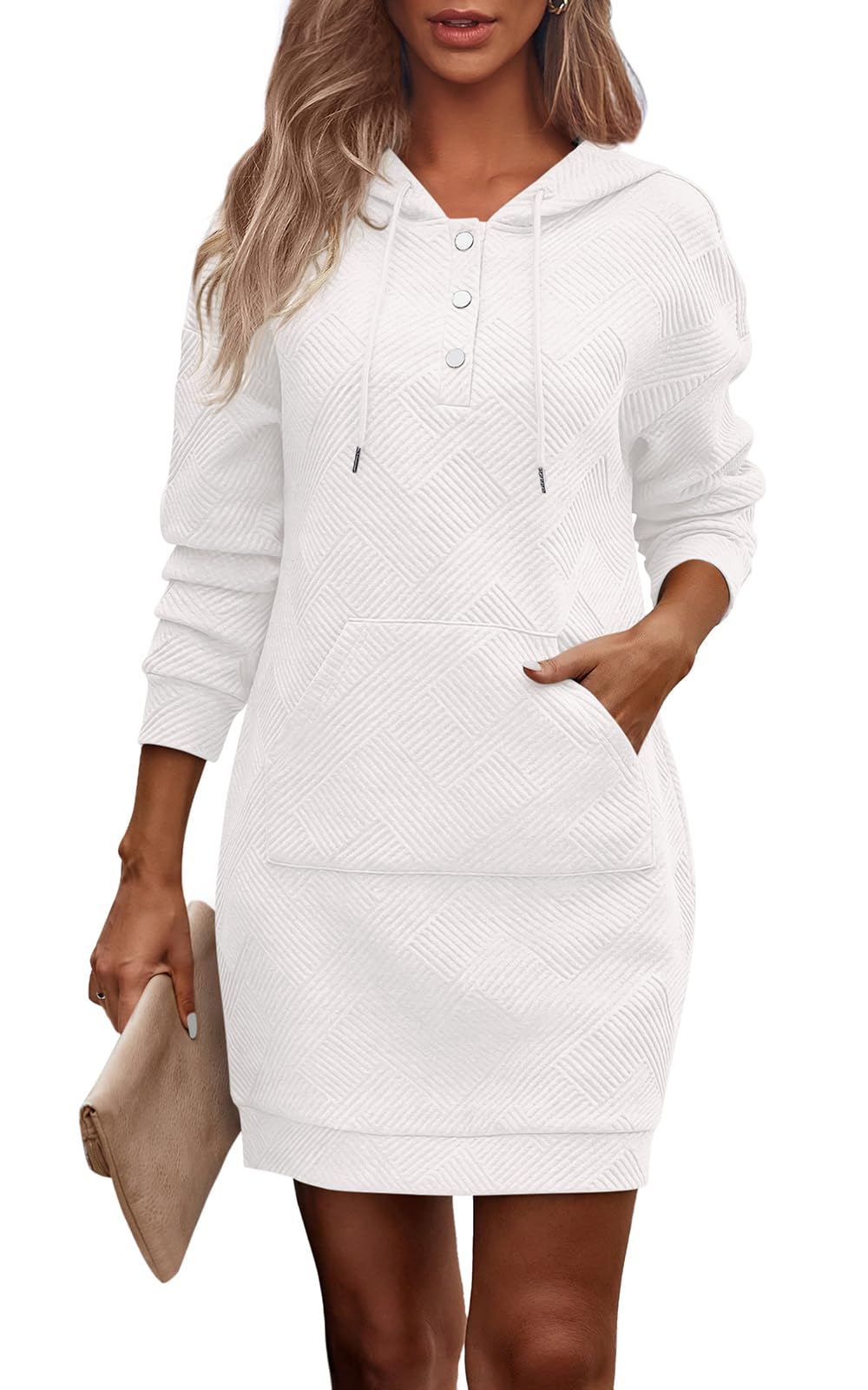 PRETTYGARDEN Long Sleeve Hoodies Dress 2024 Fall Trendy Texture Sweatshirts Outfits Button Hooded Dresses With Pockets