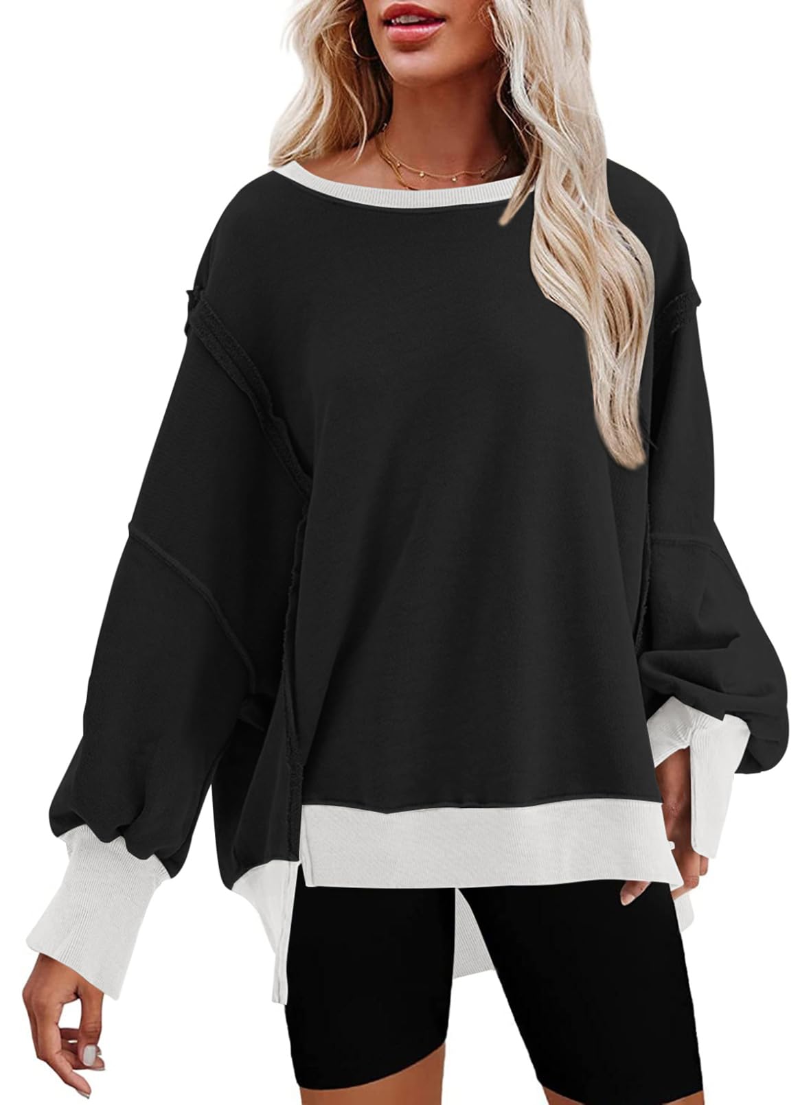 SHEWIN Womens Oversized Reverse Seam Sweatshirt Casual Long Sleeve Crewneck Lightweight Pullover Tops Loose Sweatshirts