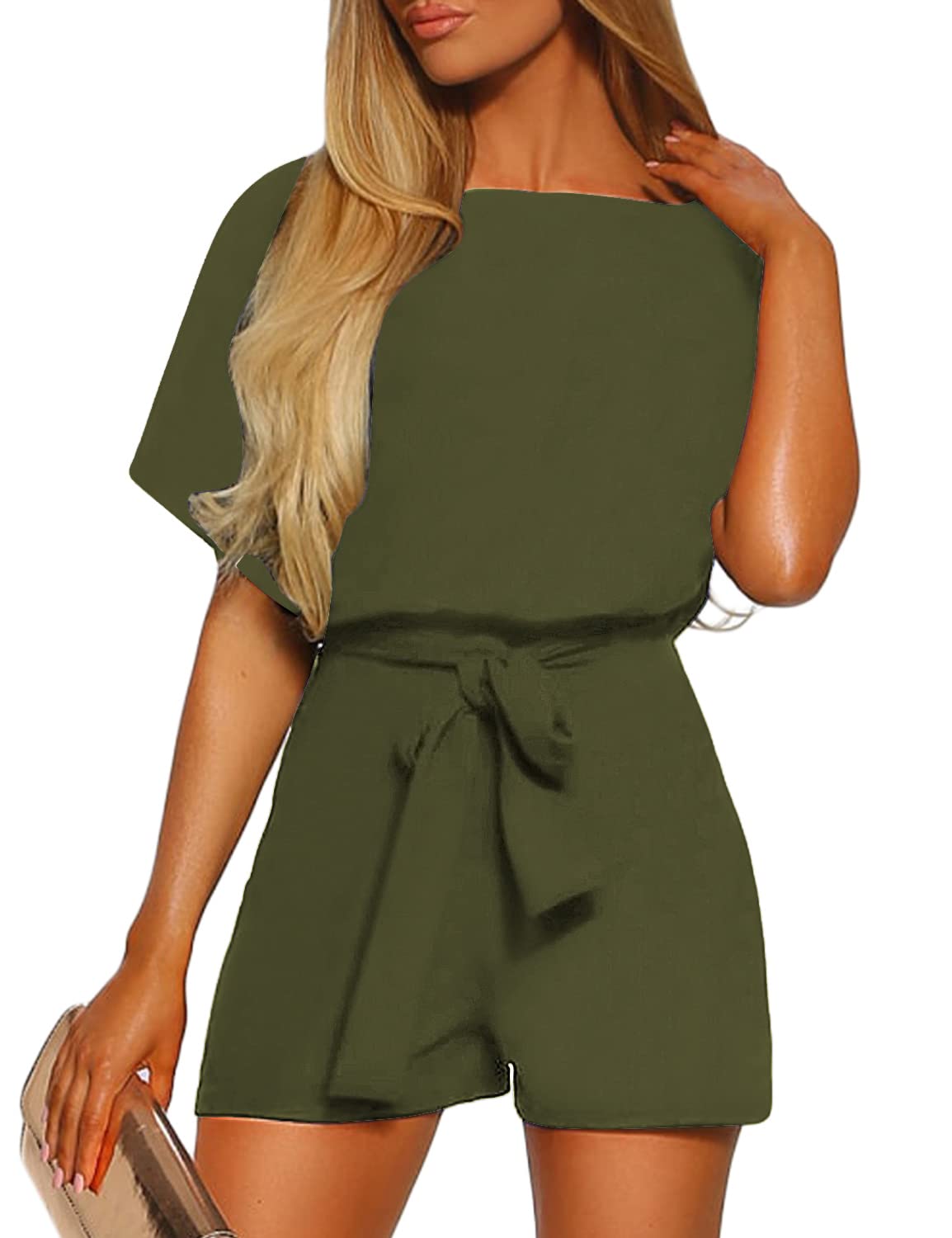 Vetinee Womens Summer Belted Romper Keyhole Back Short Sleeve Jumpsuit Playsuit