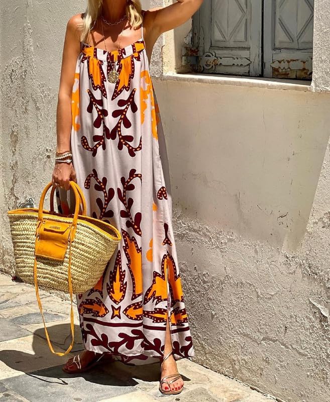 ROAONOCOMO Women Boho Graffiti Cami Long Dress Graphic Spaghetti Strap Flowy Swing Maxi Dress Colorful A Line Sundress