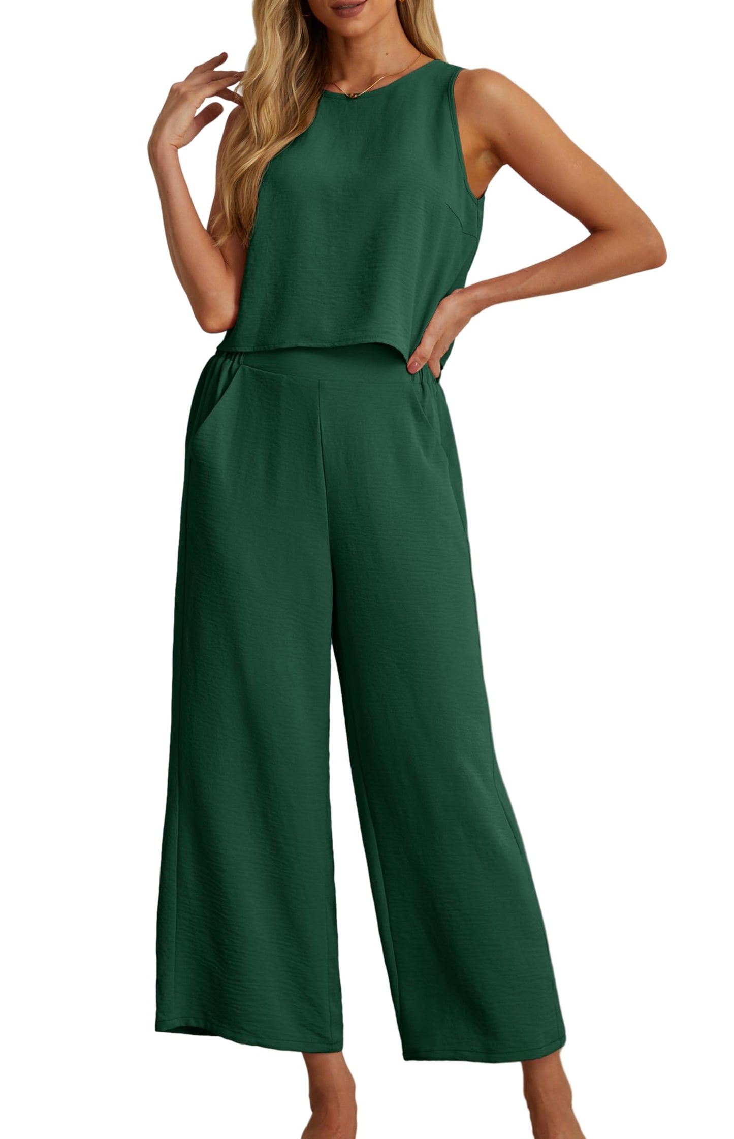 IWOLLENCE Women's Summer 2 Piece Outfits Set Round neck Sleeveless Tank Crop Top Wide Leg pants Set Pockets Jumpsuits