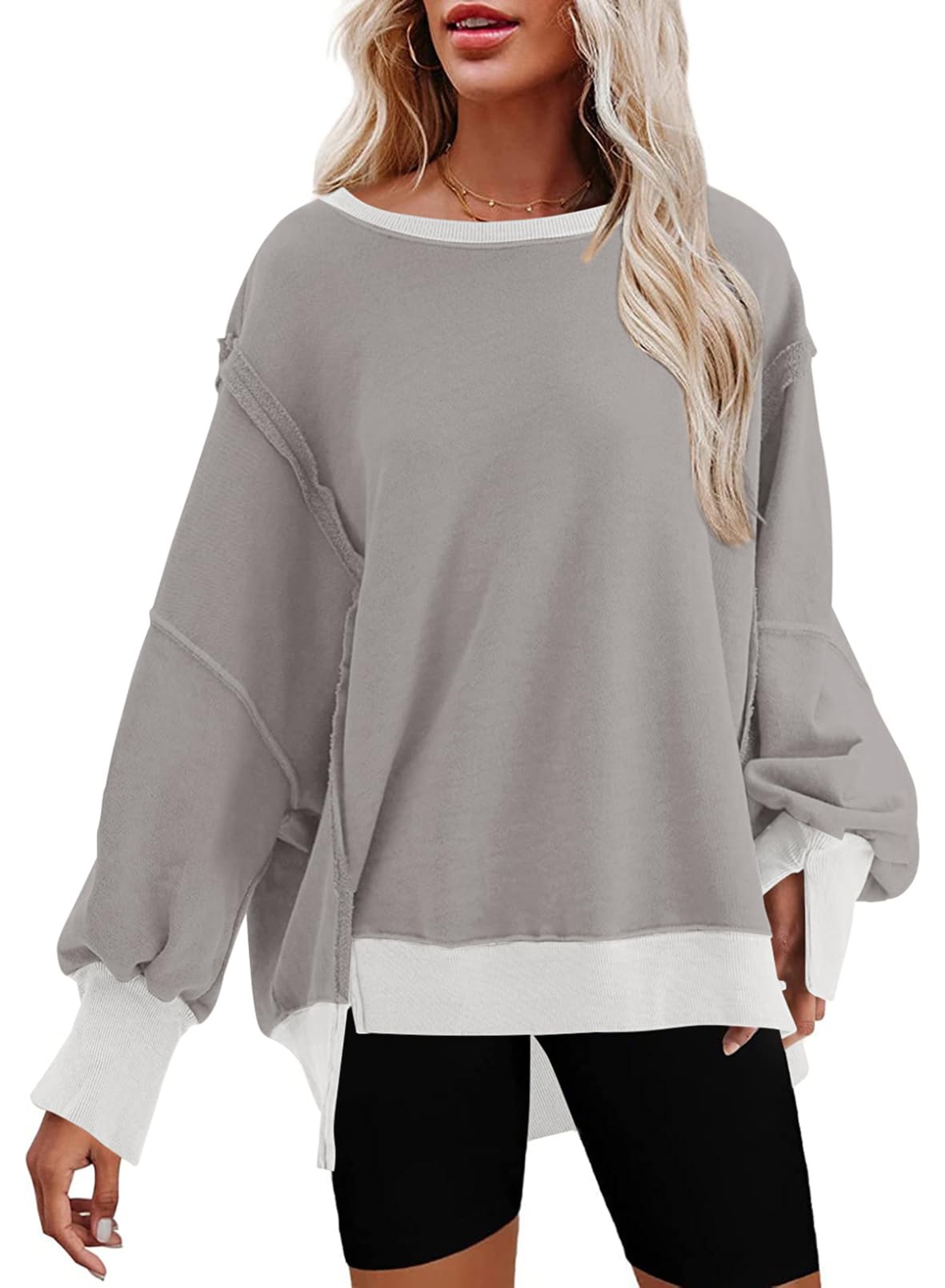SHEWIN Womens Oversized Reverse Seam Sweatshirt Casual Long Sleeve Crewneck Lightweight Pullover Tops Loose Sweatshirts