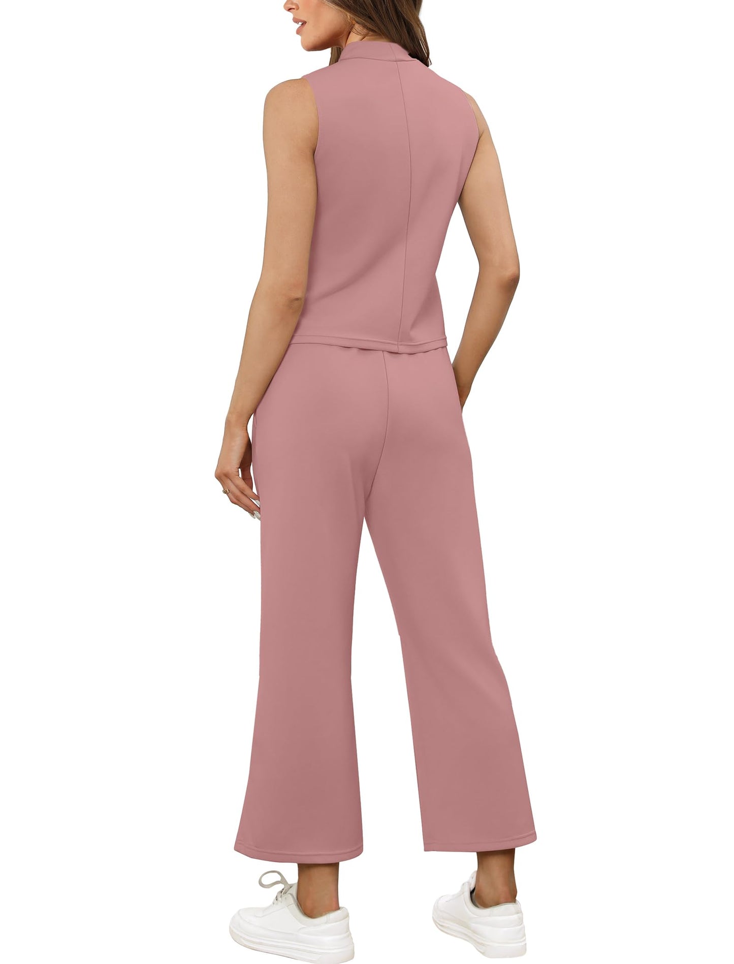 SAMPEEL Matching Sets Women Clothing 2 Piece Sets Summer Casual Mock Neck Lounge Sets Sleeveless Wide Leg Pants Vacation Outfits Sweat Set Pink M