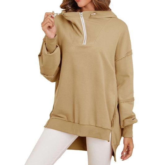 Women’s Quarter Zip Hoodies Long Sleeve Side Slit Sweatshirts Loose Drop Shoulder Drawstring Hooded Pullover Top