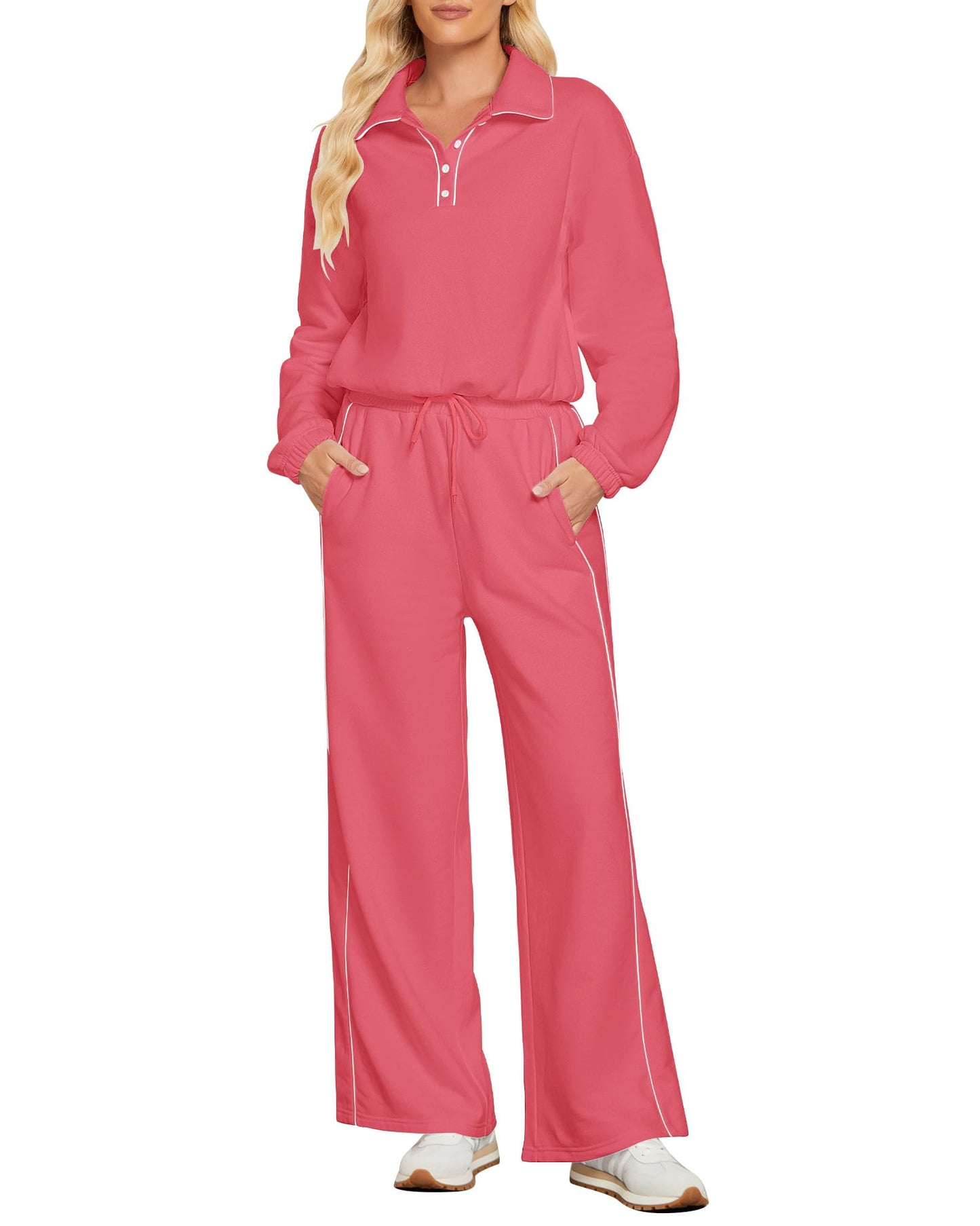 GRAPENT Sweatsuits Two Piece Sets for Women High Wasited Wide Leg Pants Fleece Button Pullover Sweatshirt Lounge Outfits
