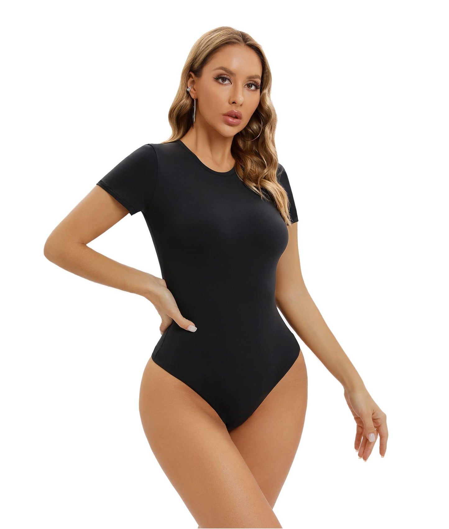 SHAPERX Women's Fit Everybody Bodysuit Soft Crew Neck T-shirt Body Suits with Thong Design