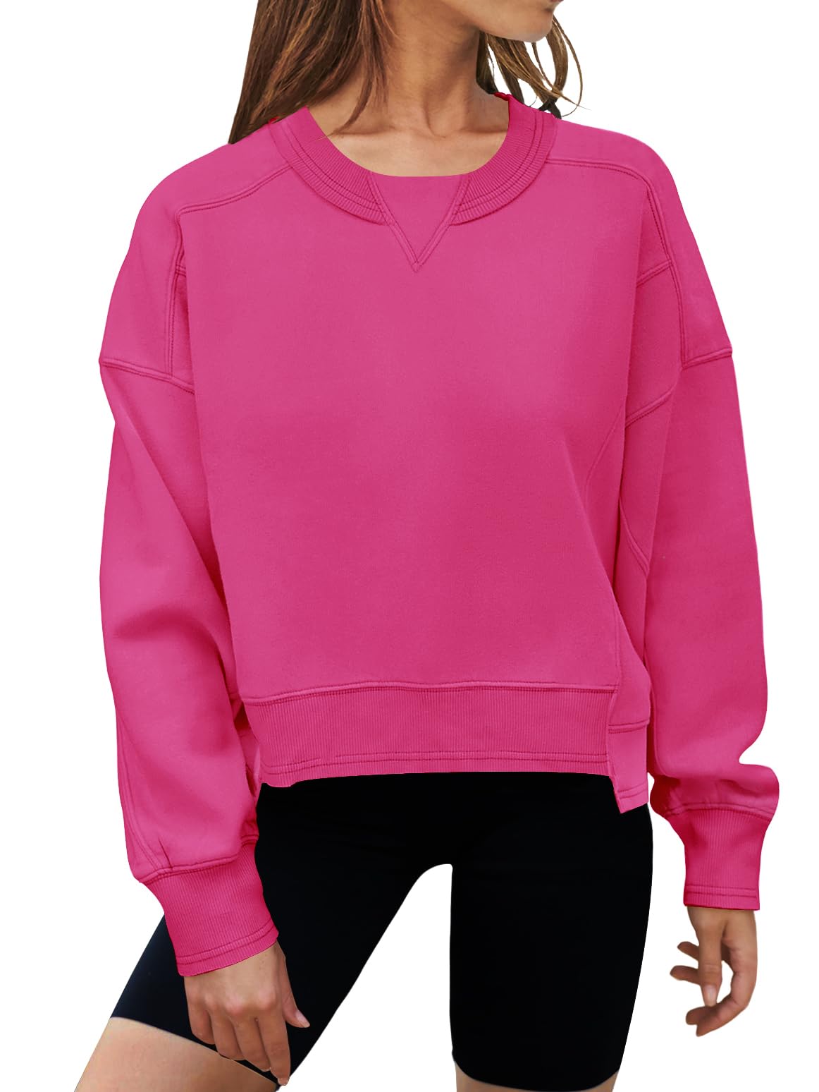 MEROKEETY Women's Oversized Cropped Sweatshirts Crewneck Fleece Workout Pullover Sweater Fall Outfits