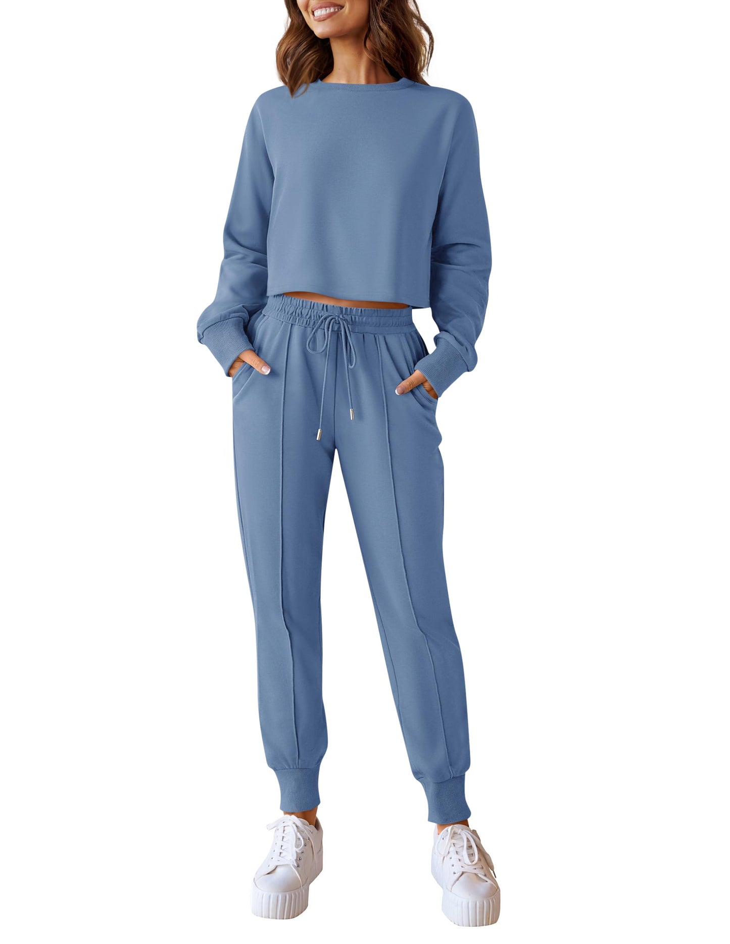 ZESICA Women's Long Sleeve Crop Top and Pants Pajama Sets 2 Piece Jogger Long Sleepwear Loungewear Pjs Sets