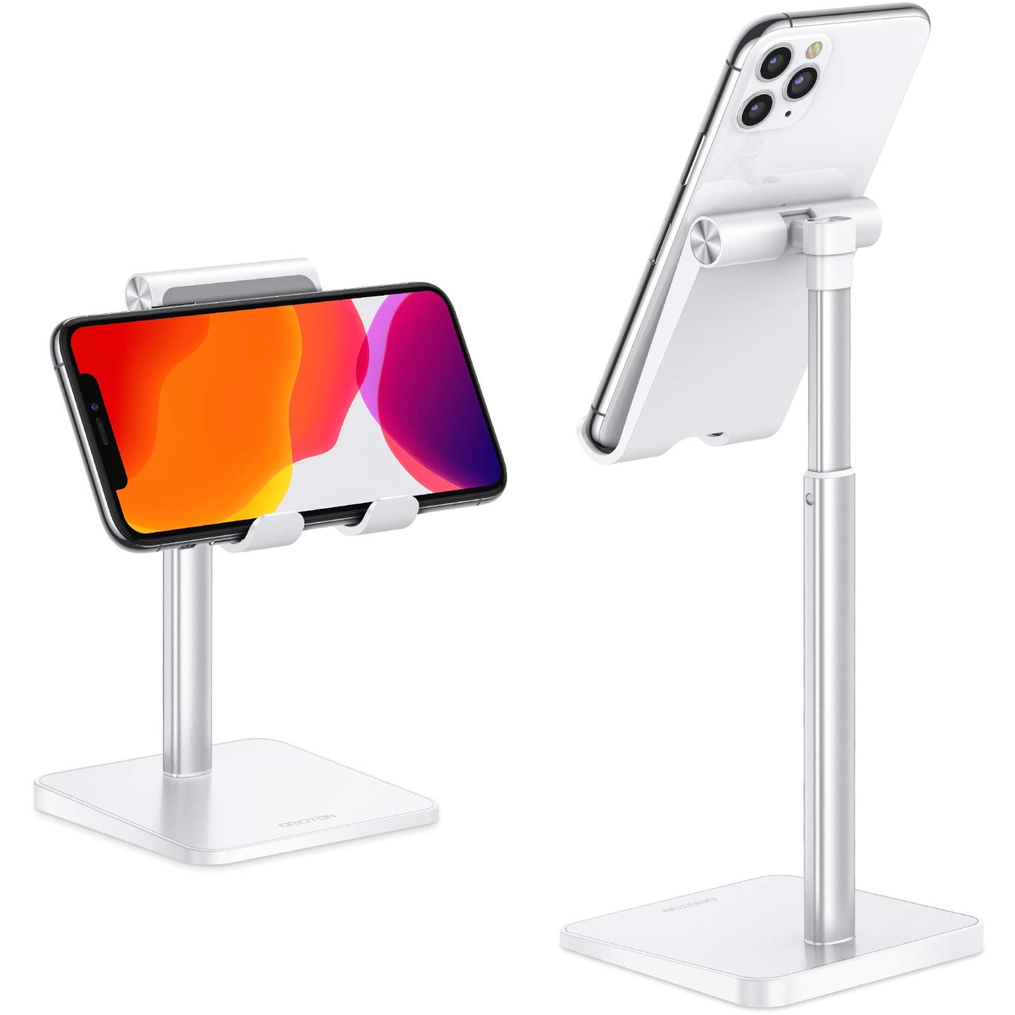 Cell Phone Stand, OMOTON Adjustable Angle Height Desk Phone Dock Holder for iPhone SE 16 Pro Max/Plus/XS/XR, Samsung Galaxy S20 / S10 / S9 / S8 and Other Phones (3.5-7.0-Inch),Silver