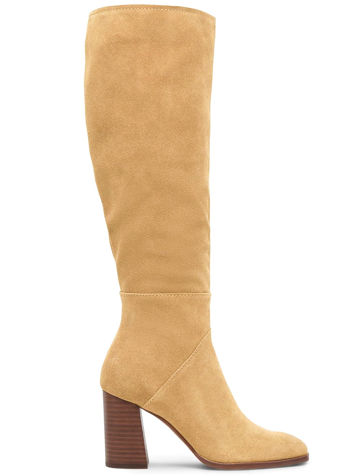 Coutgo Womens Knee High Boots Square Toe Chunky Block Heel Side Zipper Faux Suede Long Boots Fall Winter Shoes