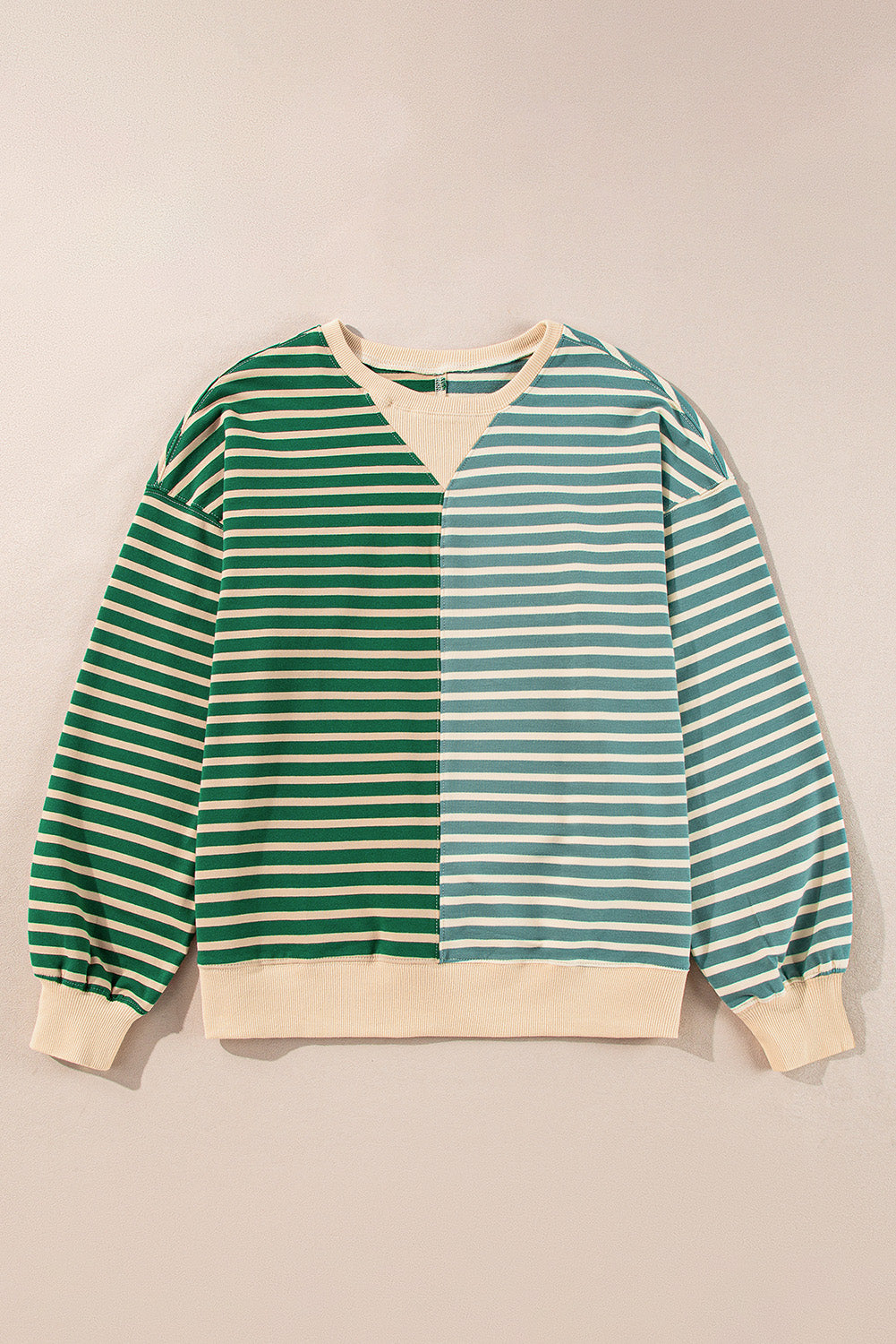 Green Stripe Casual Stripe Colorblock Drop Shoulder Oversize Sweatshirt