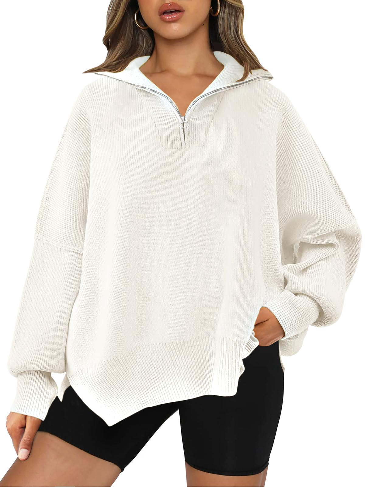 LILLUSORY Women's Oversized Sweaters 2024 Fall Trendy Zipper Collared Sweatshirts Drop Shoulder Tunic Knit Pullover Tops