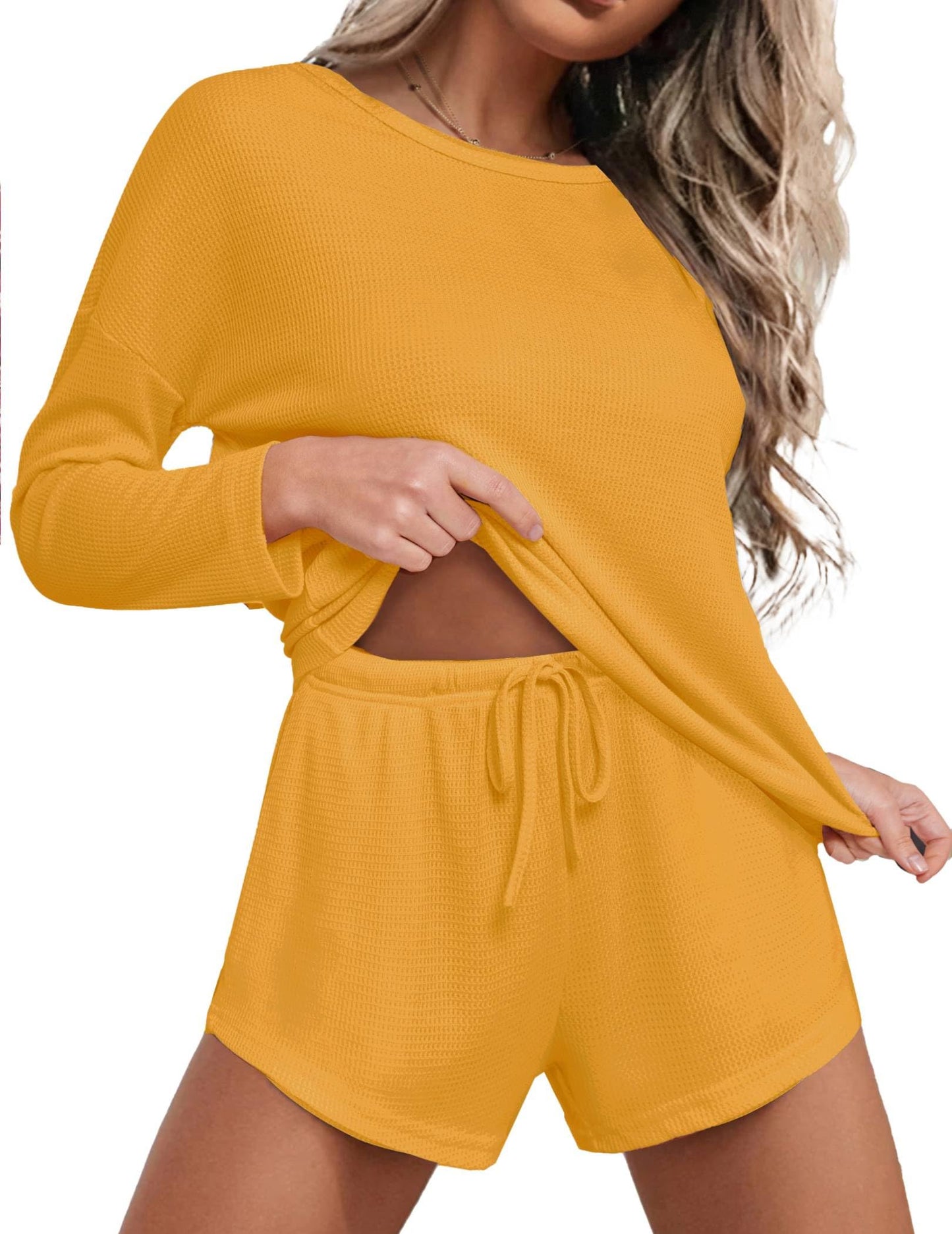 Ekouaer Womens Waffle Knit Pajama Sets Long Sleeve Top and Shorts Matching Lounge Set Loungewear Sweatsuit with Pockets