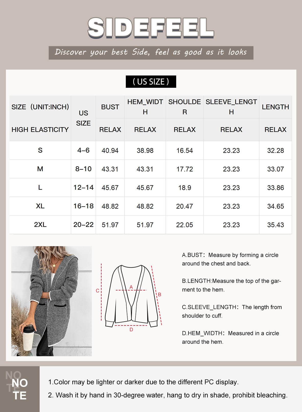 Sidefeel Women's 2024 Fall Long Sleeve Open Front Contrast Cardigan Sweaters Oversized Chunky Knit Hooded Sweaters Coat