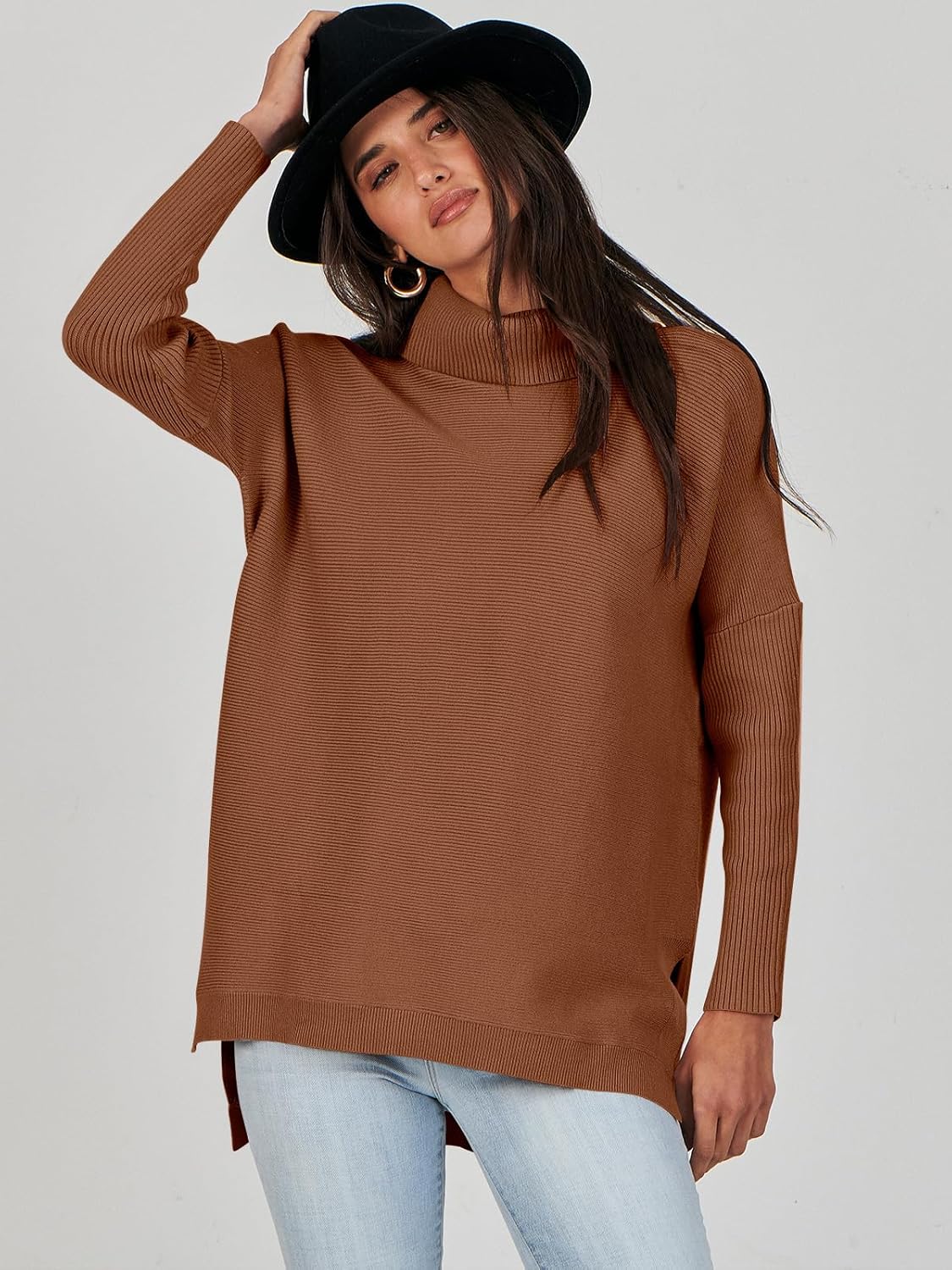 Caracilia Women's Turtleneck Oversized Sweaters 2024 Fall Long Batwing Sleeve Spilt Hem Tunic Pullover Sweater Knit Tops