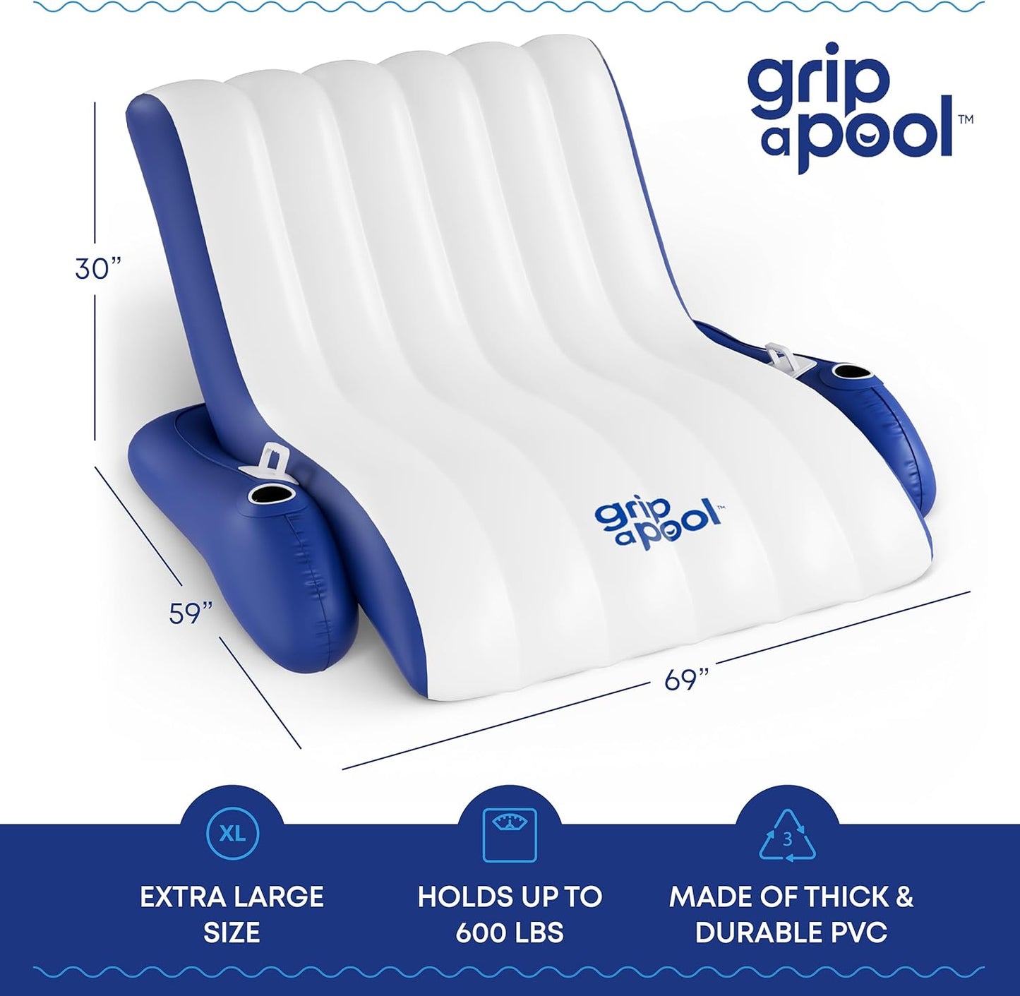Inflatable Luxury Pool Chair Recliner Float for 1-2 Adults, Extra Large Heavy Duty Pool Lounge Float Raft for Pool Floating, Lake, River, Beach