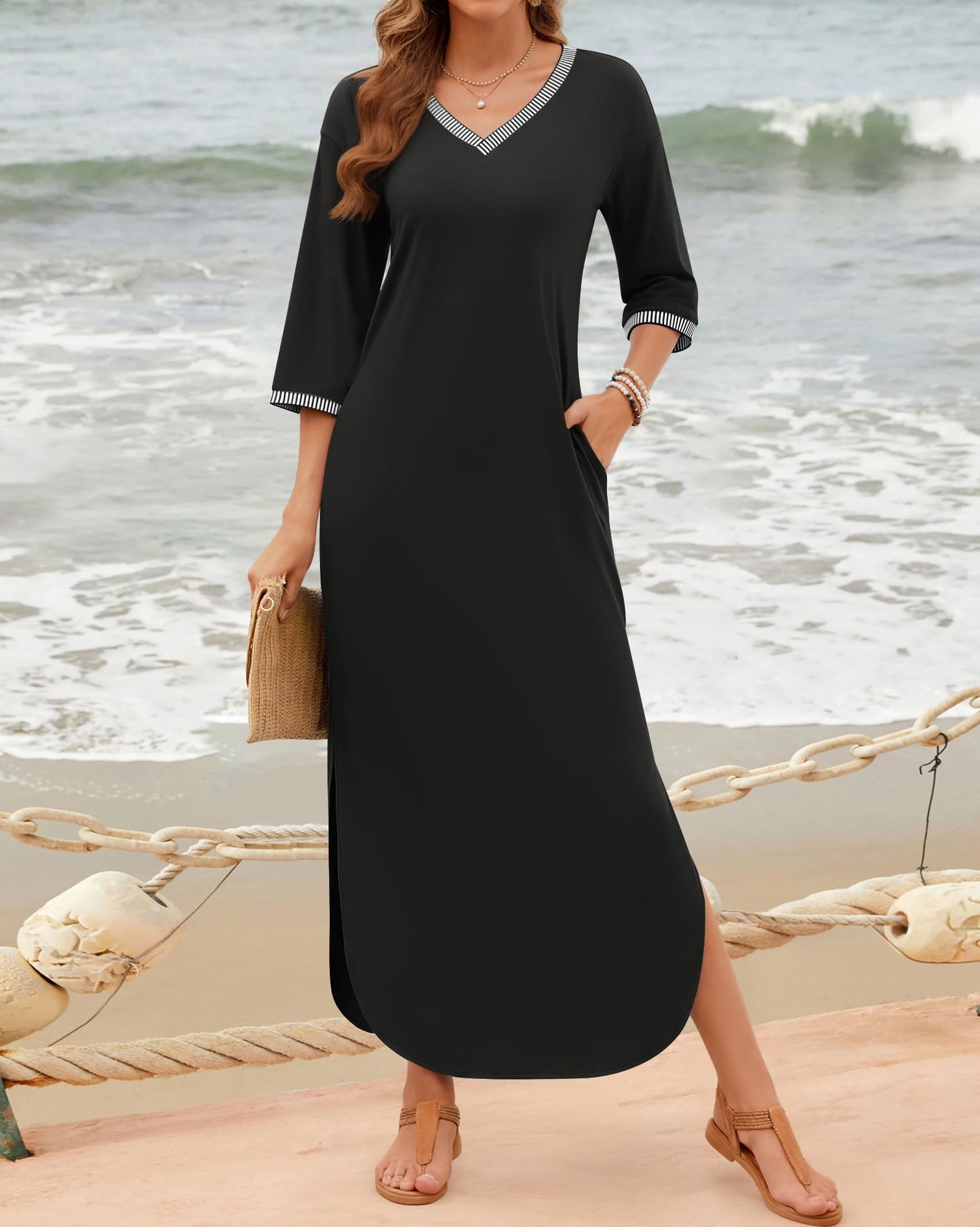 ZESICA Womens Dresses 2024 Causal 3/4 Sleeve V Neck Loose Fit Split Beach Long Maxi Dress with Pockets