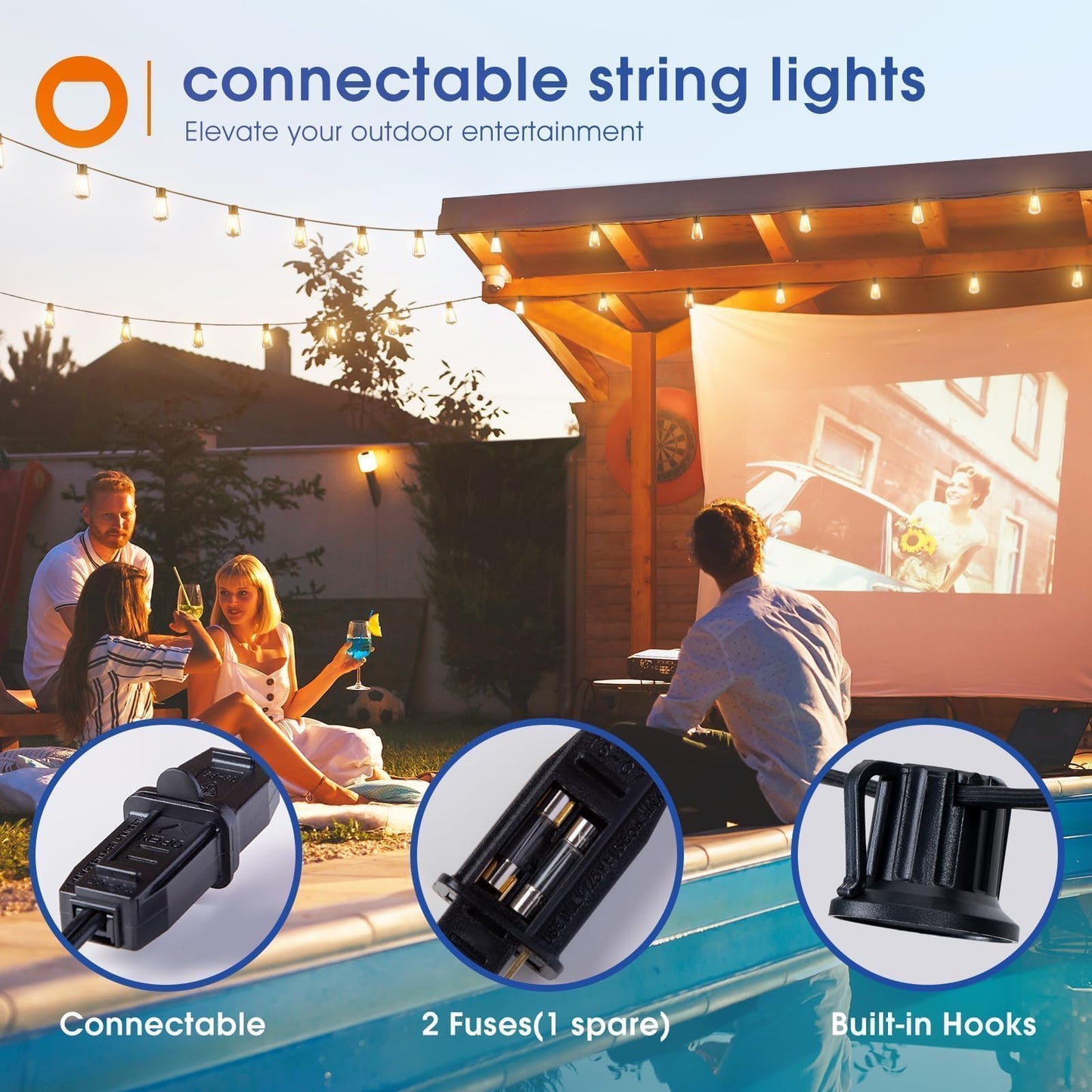 addlon 100FT(50FT*2) LED Outdoor String Lights Waterproof Patio Lights with 32 Shatterproof ST38 Replaceable Bulbs(2 Spare), Dimmable Outside Hanging Lights Connectable for Porch, Backyard, 2200K