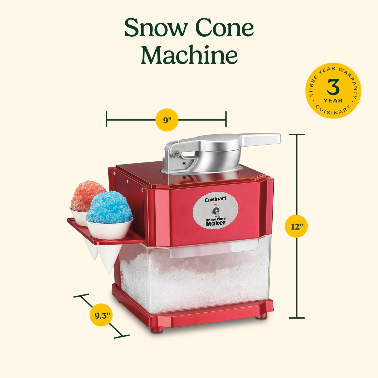 Cuisinart Snow Cone Machine - Makes 5 Icy Cones for Slushies & Frozen Drinks - Includes Reusable & Paper Cones, Red, SCM-10P1