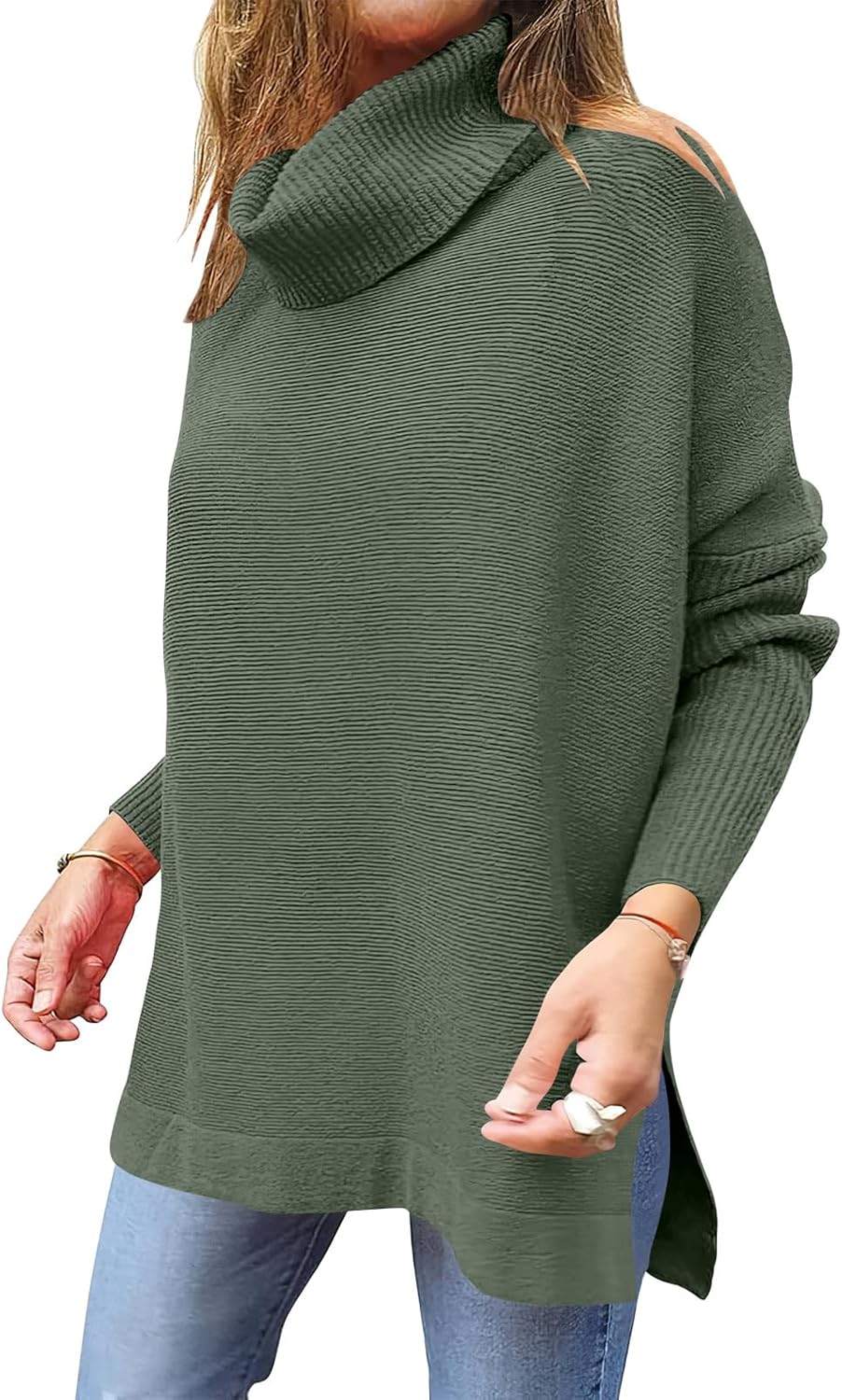 Caracilia Women's Turtleneck Oversized Sweaters 2024 Fall Long Batwing Sleeve Spilt Hem Tunic Pullover Sweater Knit Tops