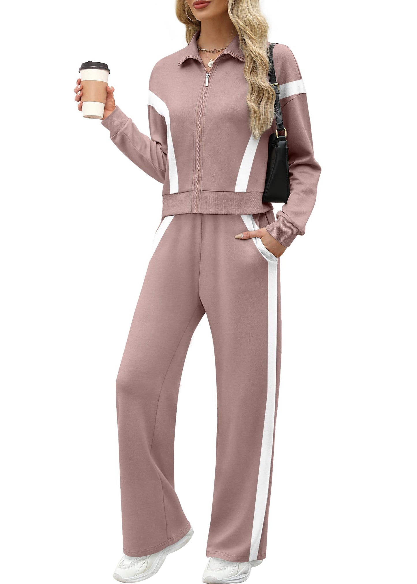 XIEERDUO Lounge Sets for Women 2024 Sweatsuit 2 Piece Outfits Sweatshirt Wide Leg Sweatpant Tracksuit Matching Set