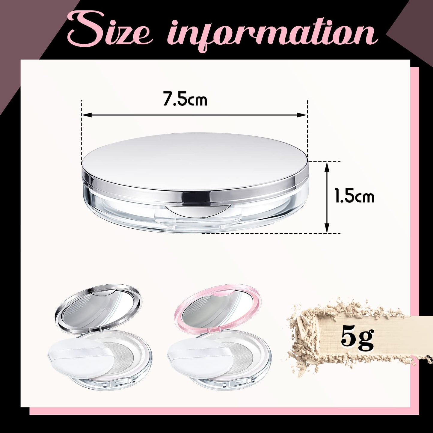 Cunhill 2 Pcs Loose Powder Container with Puff 0.17/0.7 oz Reusable Plastic Empty Powder Case Portable DIY Empty Makeup Powder Container with Mirror and Net Sifter(Pink, Silver)