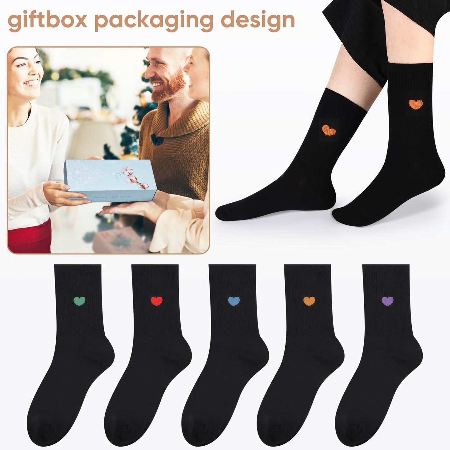 Corlap Women's Crew Calf Cotton Socks Long Fun Cute Heart Soft Dress Socks,Above Ankle High Casual Socks(5Pairs Gifts Box)