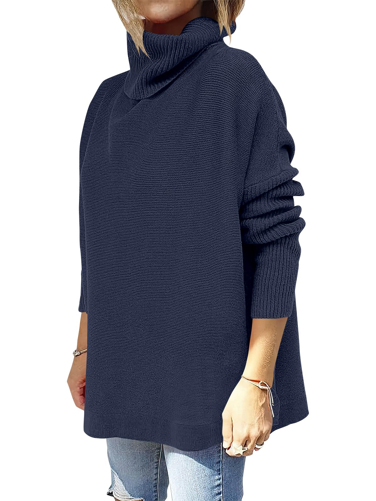 Caracilia Women's Turtleneck Oversized Sweaters 2024 Fall Long Batwing Sleeve Spilt Hem Tunic Pullover Sweater Knit Tops