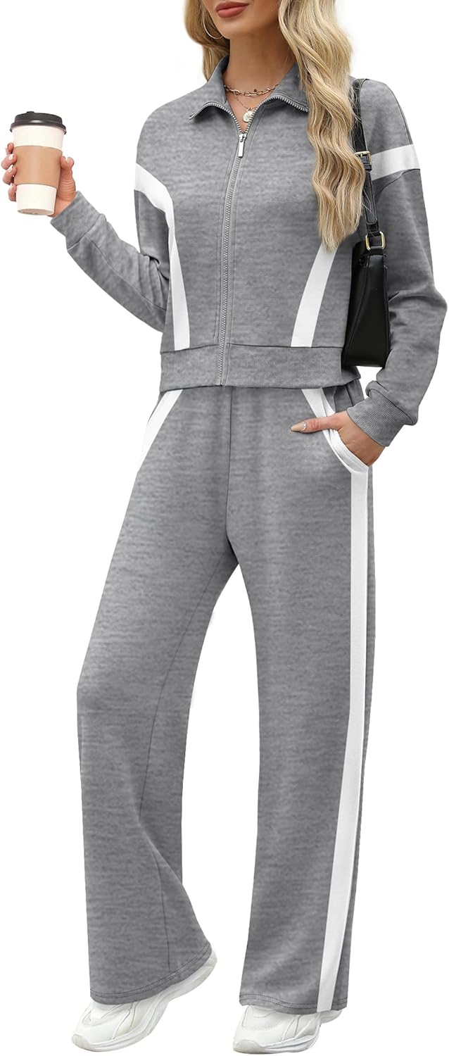 XIEERDUO Lounge Sets for Women 2024 Sweatsuit 2 Piece Outfits Sweatshirt Wide Leg Sweatpant Tracksuit Matching Set