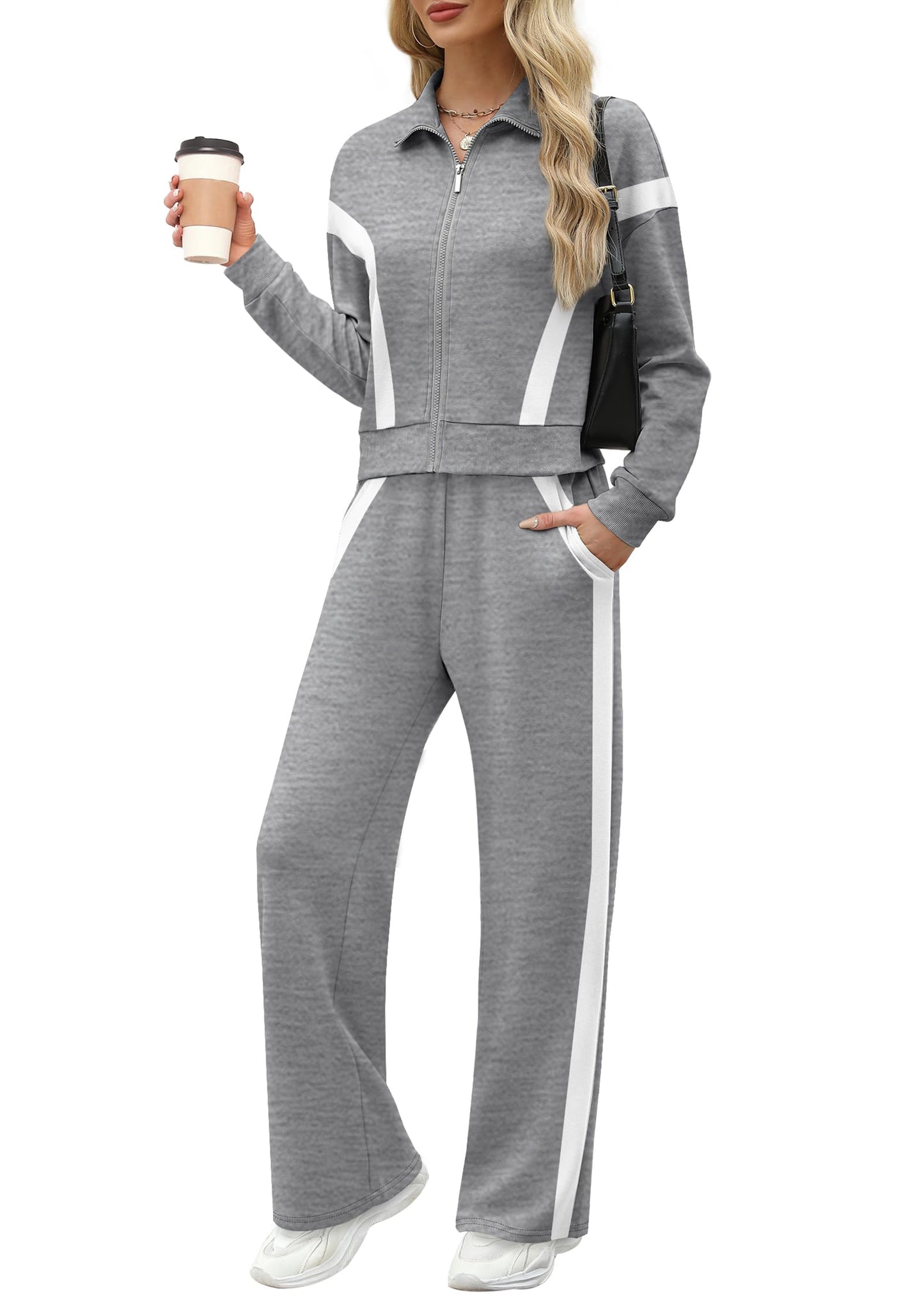 XIEERDUO Lounge Sets for Women 2024 Sweatsuit 2 Piece Outfits Sweatshirt Wide Leg Sweatpant Tracksuit Matching Set